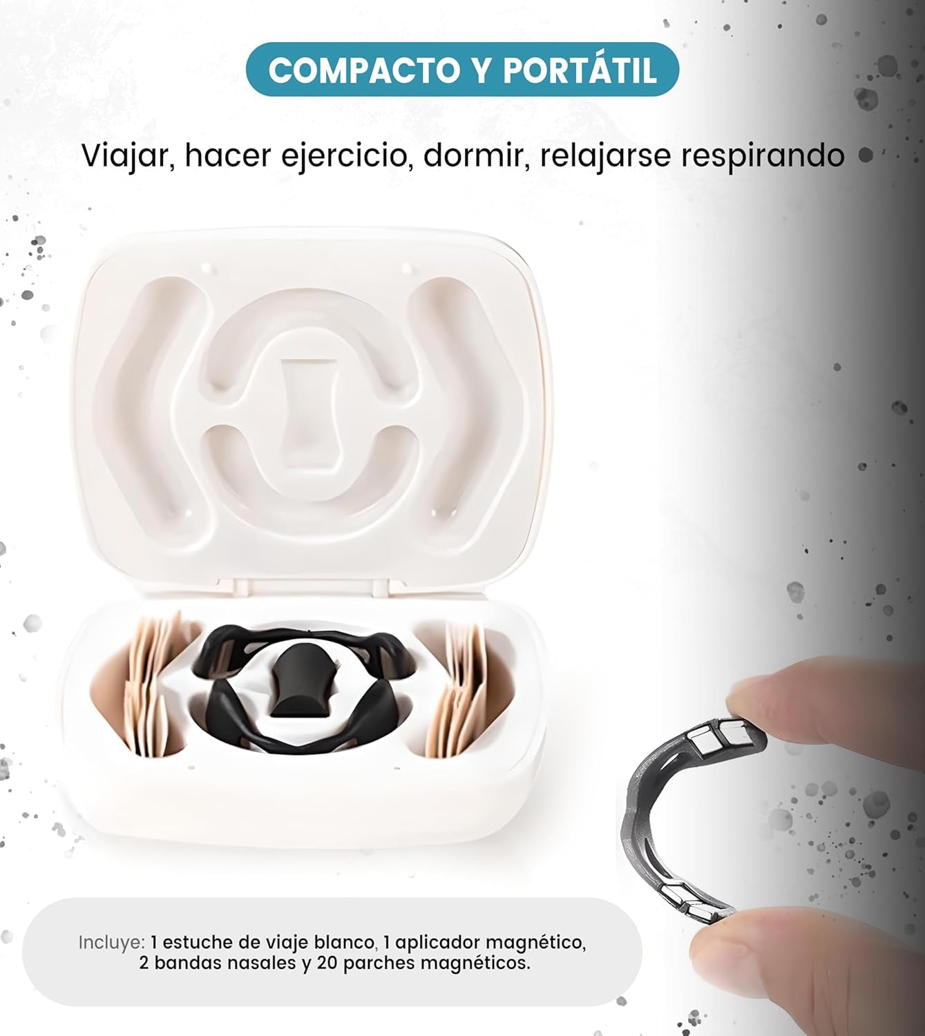 ยฎ Tiras Nasales Magnรฉticas + Estuche De Almacenamiento Para Kit De Respiraciรณn Antironquidos | Mejora El Sueรฑo Y La Respiraciรณn | Incluye 20 Parches, 2 Bandas Nasales Y 1 Aplicador Magnรฉtico